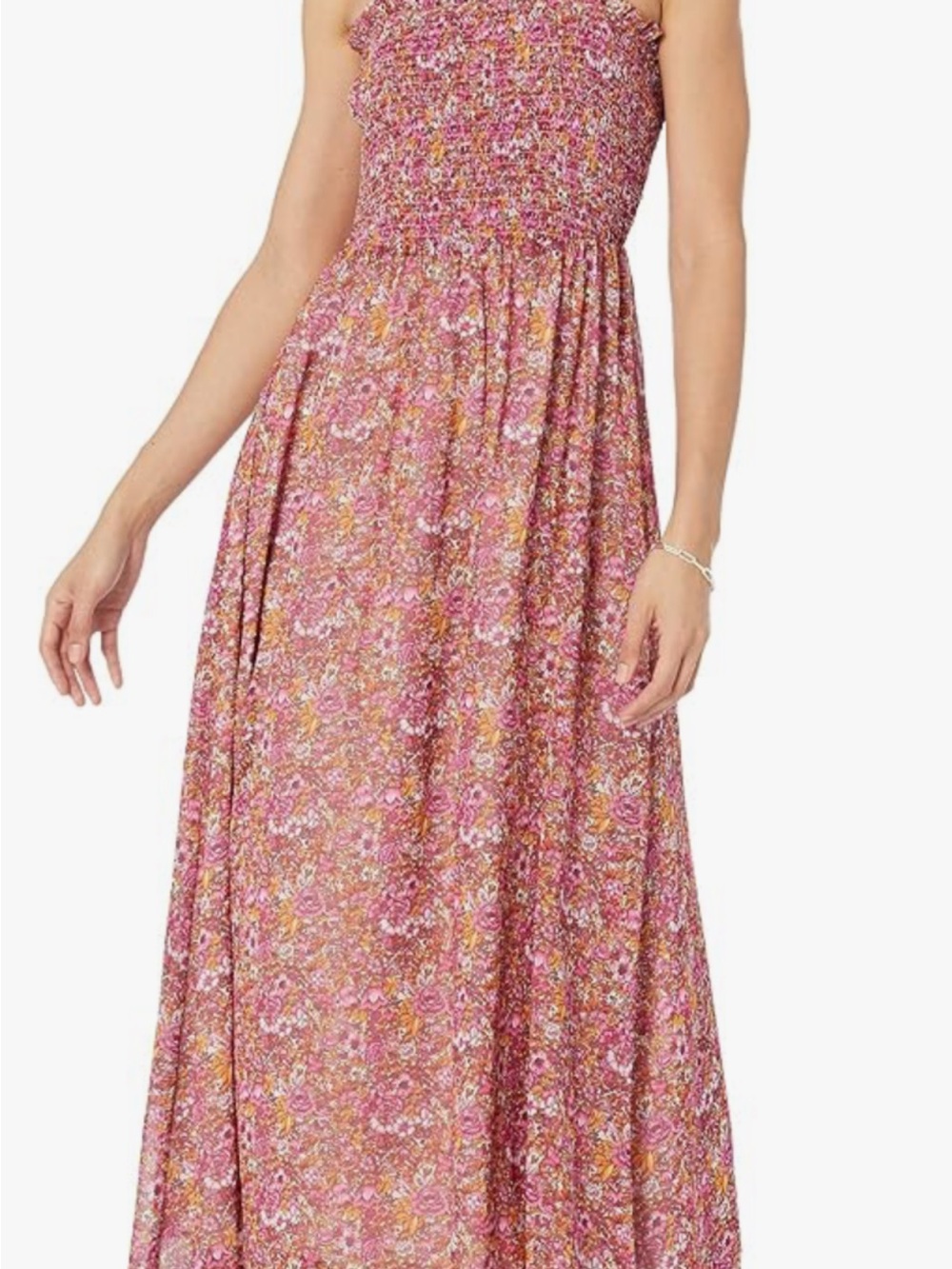 Smocked Strapless Pink Floral Maxi Dress
